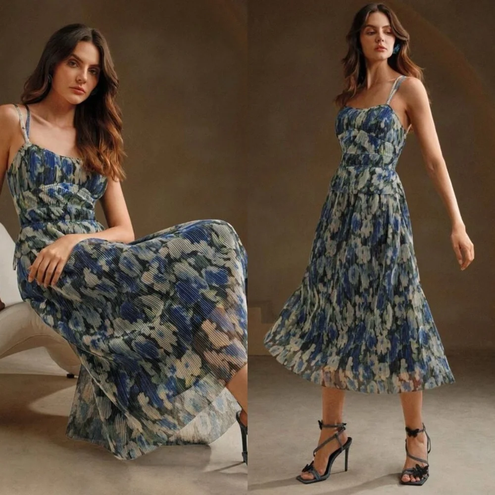 Anewsta Printed Blue Strappy Long Midi Dress With Gathered medium nwt - Picture 2 of 5